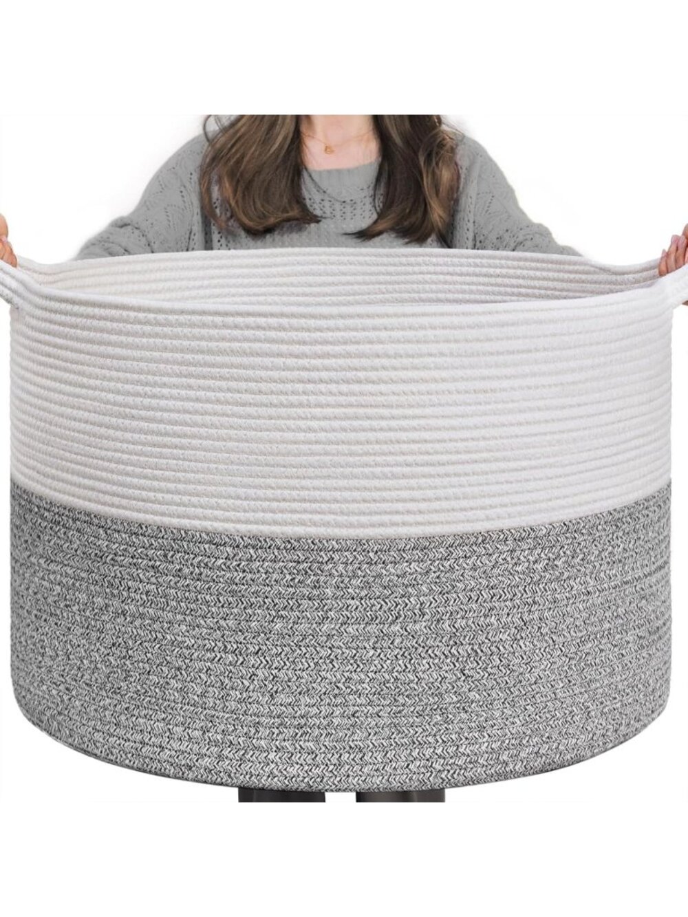 XXL Woven Rope Blanket Basket for Living Room - Light Grey, 90L Storage Solution